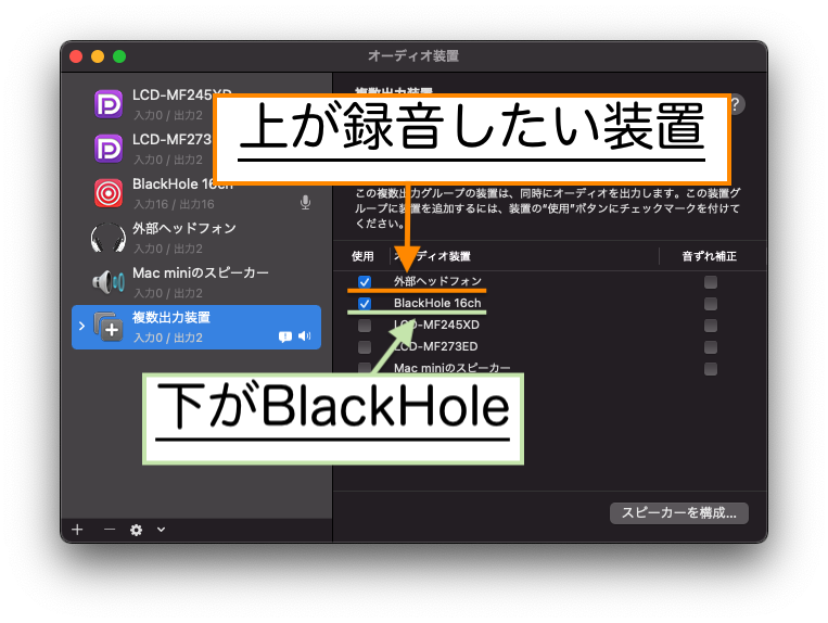 上に録音したい装置、下にBlackHoleがくるように使用のチェックマークをつける