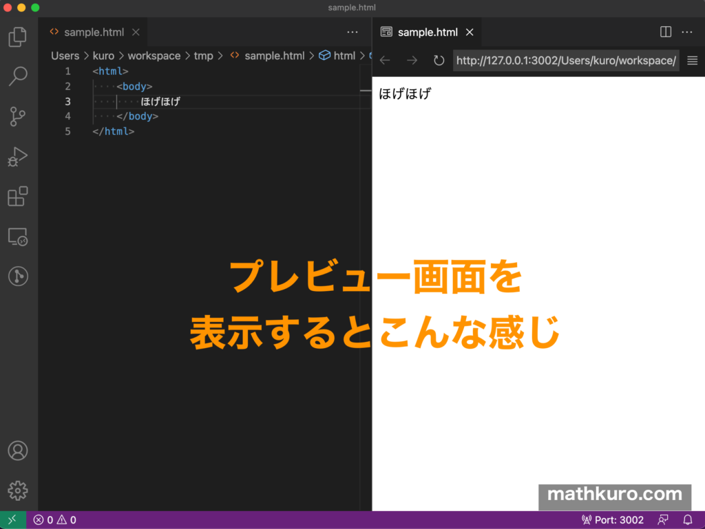 VS Codeの拡張機能live previewのプレビュー画面のサンプル