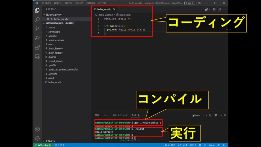 VS Code上でのコーディング・コンパイル・実行の例